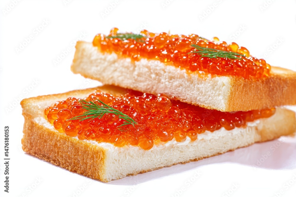 Tasty sandwiches with red caviar isolated on white
