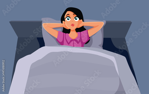 Anxious Woman Ruminating Unable to Sleep Vector Illustration. Person with dark thoughts cannot sleep at night

