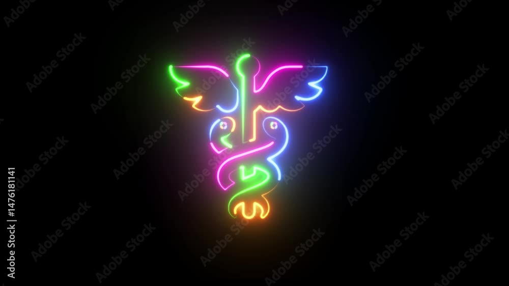 Animation of glowing neon rainbow color Caduceus of Hermes healthcare flat icon for medical apps .neon sign .
