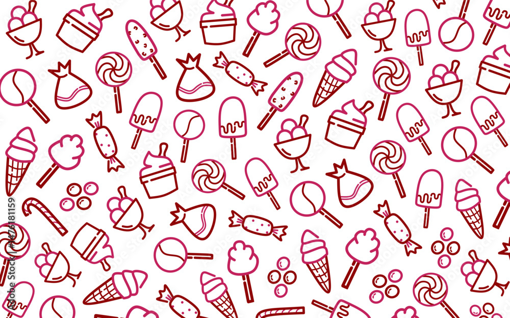 cute and sweet seamless dessert pattern of candy chocolate, ice cream in pink and red colors with outline style
