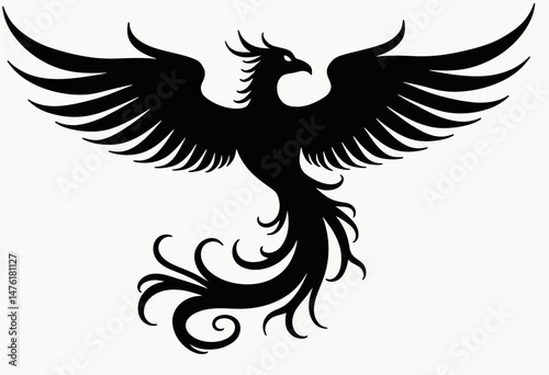 Minimalist phoenix silhouette illustration in vector format, featuring bold curves and mythic bird form on a white background.
