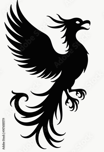 Silhouette of a phoenix in simple vector style, designed in black on a clean white background, ideal for tattoo or fantasy art.
