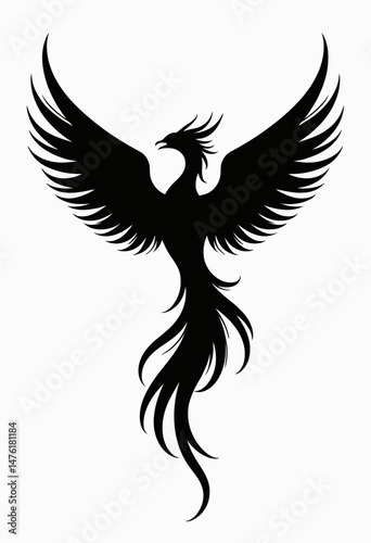 Fantasy phoenix outline in black vector silhouette, centered on a white background, perfect for tattoo or symbolic design.
