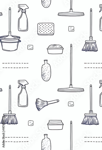 Minimalist cleaning tools pattern with navy blue outlines, showing mop, bucket, spray bottle and more in organized grid format.
