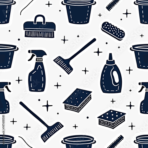 Line-drawn cleaning supply pattern in bold navy blue, laid out methodically on a white background with checklist-style structure.
