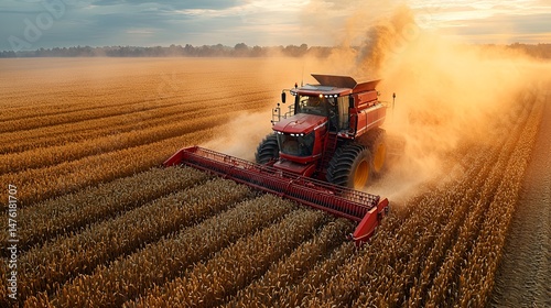 Combine harvester harvesting wheat field at sunset. (2)