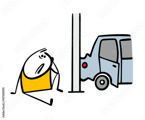 Poor stickman got into an accident, crashed into a pole by the roadside and crashed the car. Vector illustration of a sad man sitting on the ground, injured.