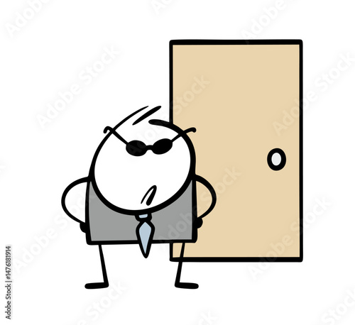 Strict security guard stands in front of the door of an office or nightclub and does not let anyone in. Vector illustration of a brutal stickman in a business suit guarding the boss.