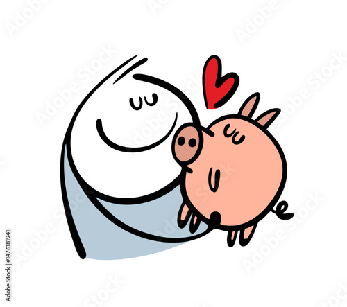 Funny stickman hugs a pet on a farm, the love between man and animal. Vector illustration of a mini pig or piglet.