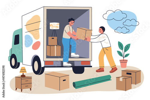 Flat cartoon people relocating and loading boxes into moving truck. Furniture and packed items around. Concept of moving service, transportation, relocation, home moving vector illustration