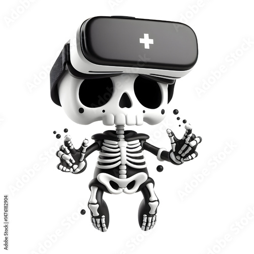 BLACK Cute skeleton character wearing virtual reality glasses and floating, 3d illustration with scared face isolated on white background