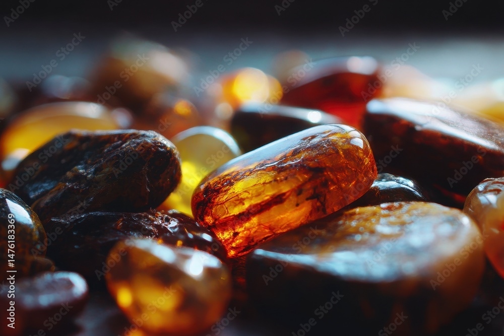 A detailed close-up of assorted polished and unpolished amber stones, showcasing their rich colors and textures