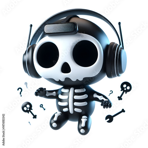 BLACK Cute skeleton character wearing virtual reality glasses and floating, 3d illustration with scared face isolated on white background