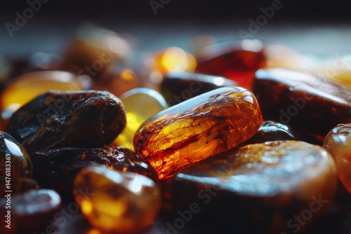 Obraz na płótnie A detailed close-up of assorted polished and unpolished amber stones, showcasing their rich colors and textures w salonie