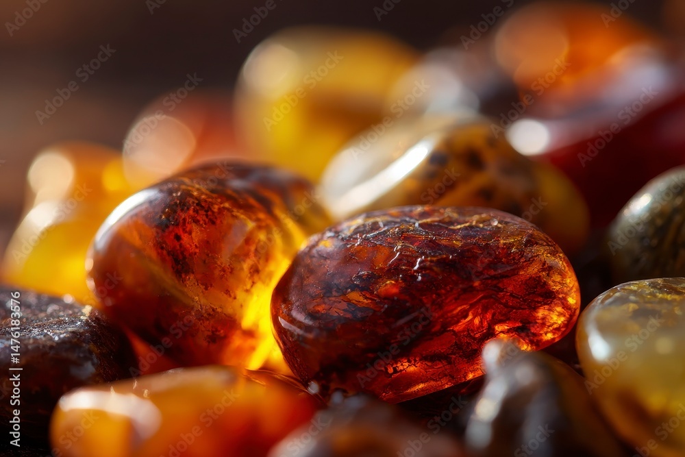 A detailed close-up of assorted polished and unpolished amber stones, showcasing their rich colors and textures