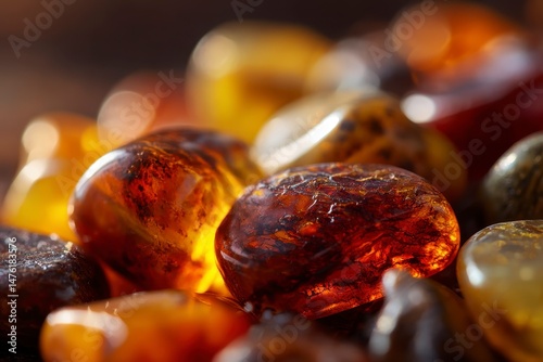 Obraz na płótnie A detailed close-up of assorted polished and unpolished amber stones, showcasing their rich colors and textures w salonie