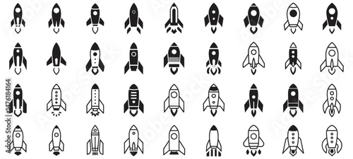 Rocket icon set featuring vector rocket silhouettes, startup symbols, space shuttle, and spaceship launch designs in black and white outlines, ideal for tech, innovation, and aerospace projects

