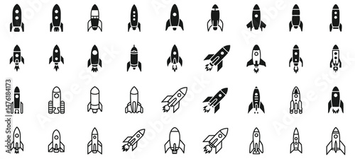 Rocket icon set featuring vector rocket silhouettes, startup symbols, space shuttle, and spaceship launch designs in black and white outlines, ideal for tech, innovation, and aerospace projects

