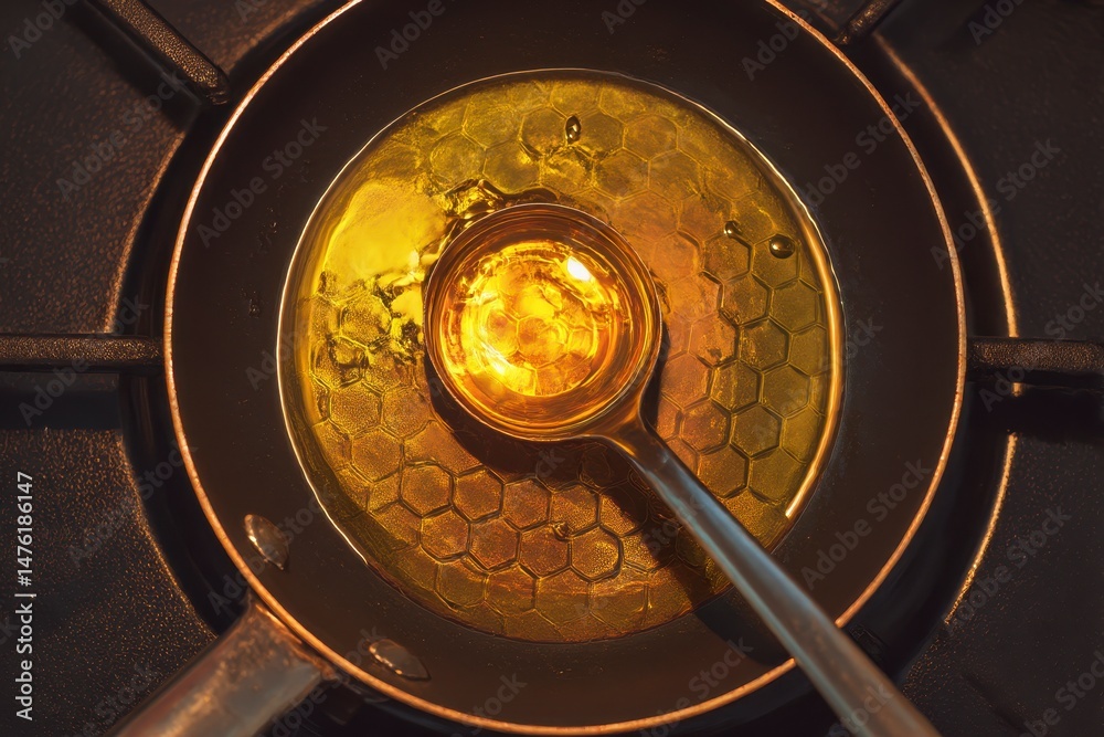 Used cooking oil and ladle in frying pan on stove