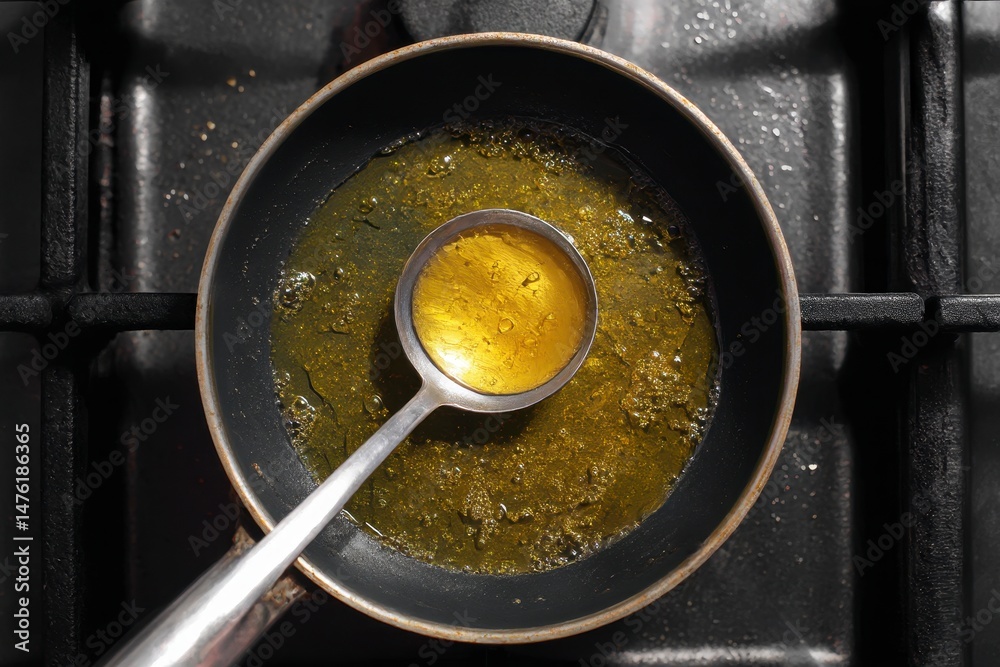 Used cooking oil and ladle in frying pan on stove