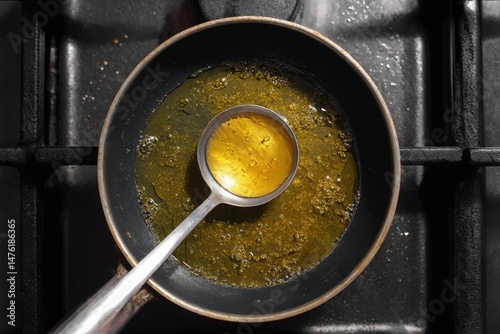 Obraz na płótnie Used cooking oil and ladle in frying pan on stove w salonie