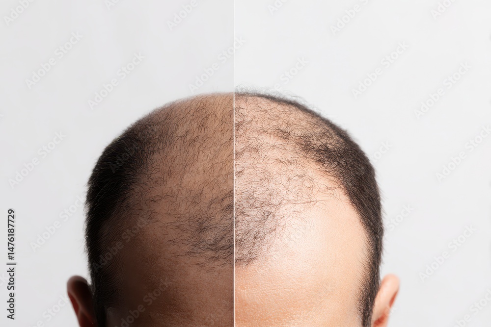 Man suffering from baldness on white background, closeup. Before and after treatment, collage