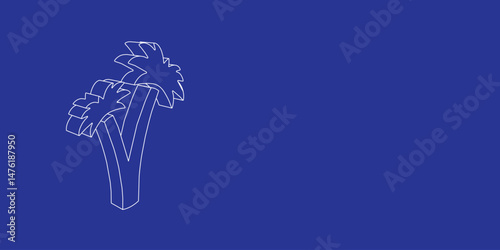The outline of a large palm trees symbol made of white lines on the left. 3D view of the object in perspective. Vector illustration on indigo background