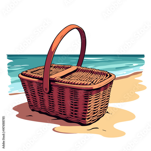 Vibrant picnic basket on sandy beach, summer leisure