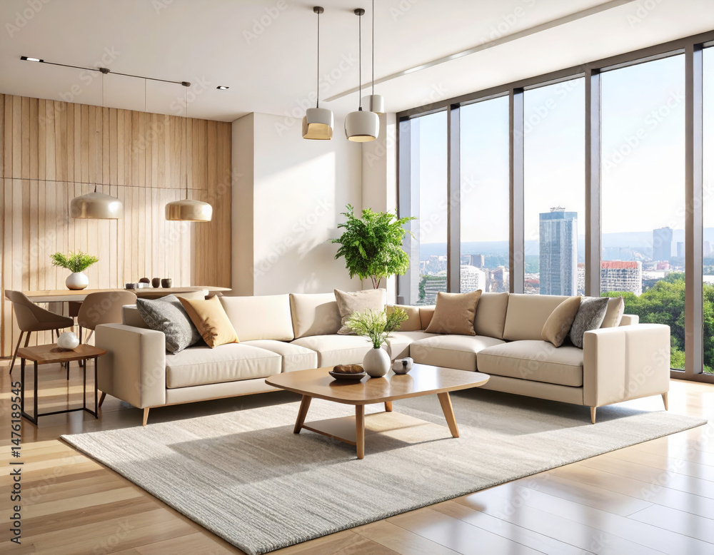 Fototapeta premium Modern minimalist living room featuring spacious sectional sofa, wooden accents, and large windows offering city view. serene atmosphere is enhanced by plants and natural light