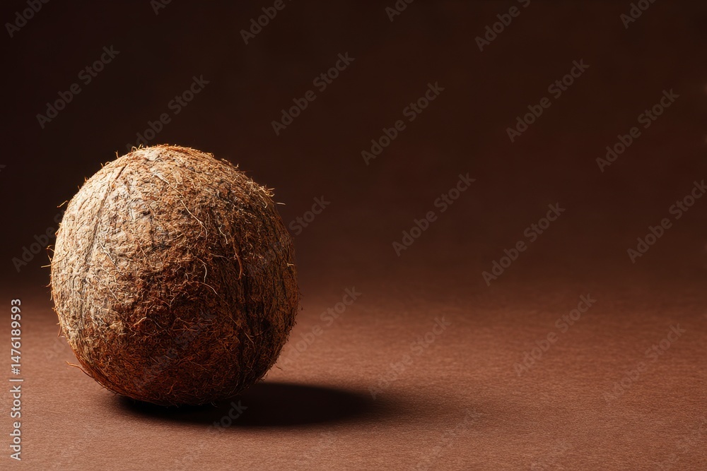 One whole coconut in shell on brown background