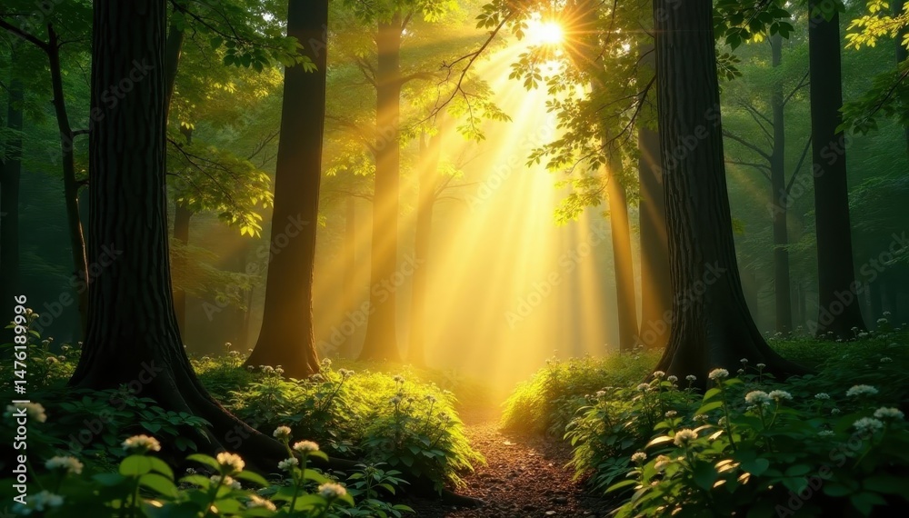 Obraz premium Golden sunlight streams through dense forest canopy, natural, magical