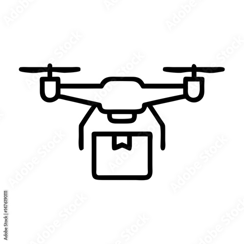Delivery Drone Icon – Line Art of Flying Quadcopter with Package