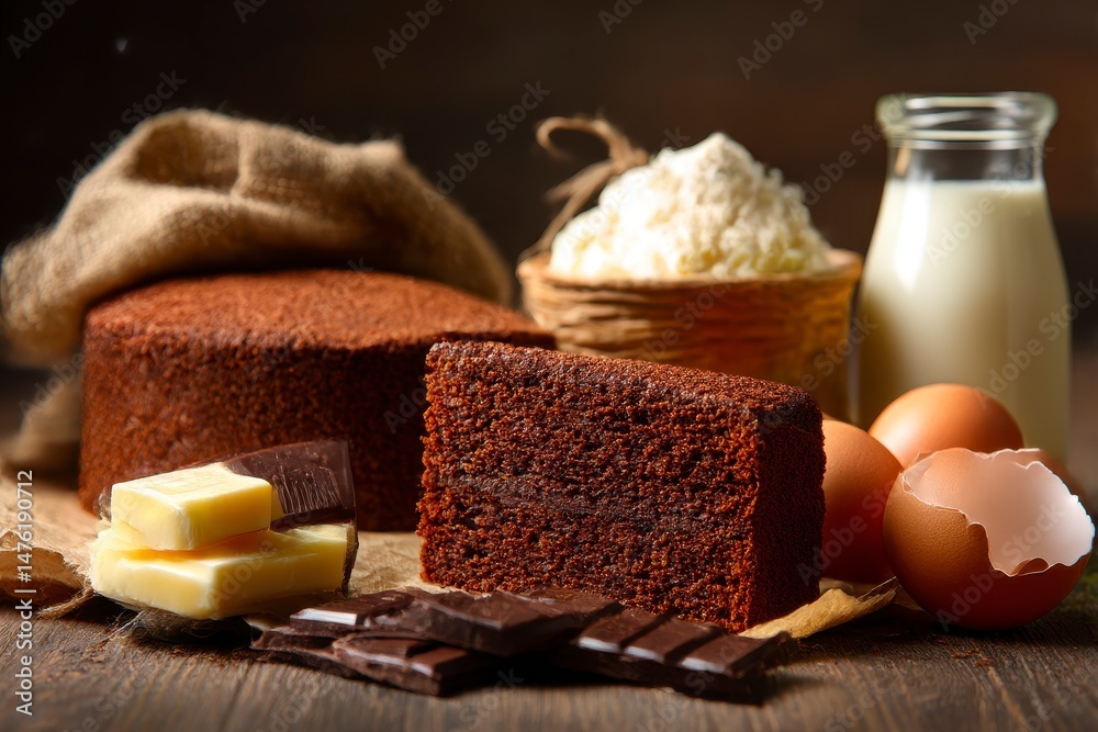 Tasty chocolate sponge cake and ingredients on wooden table