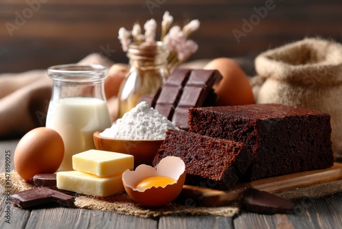 Tasty chocolate sponge cake and ingredients on wooden table