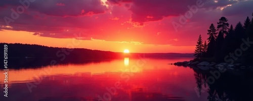 Sunset over calm Muskoka waters, red sky, silhouette of trees , sunrise, light