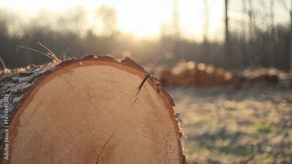 Close-up of a cut tree log with a forested background at sunrise.