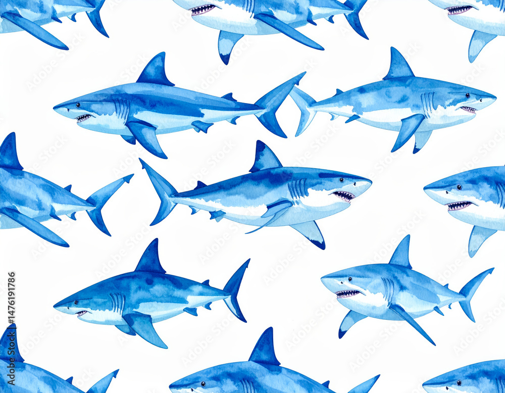 Obraz premium Watercolor shark pattern featuring various blue sharks swimming in dynamic arrangement. This vibrant design captures essence of marine life and evokes sense of adventure and exploration