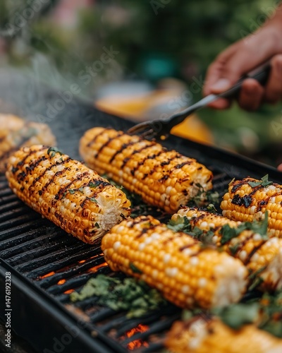 Grilled corn on the cob being expertly handled on a barbecue grill in a vibrant outdoor setting