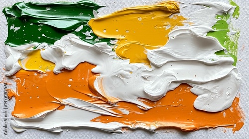 Abstract painting with vibrant colors, thick impasto texture.  White, orange, green, and yellow paint layered and blended on a canvas