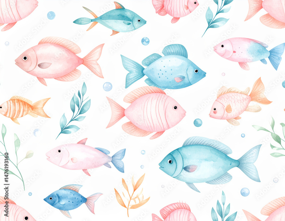 Fototapeta premium beautiful seamless pattern featuring colorful fish in various shades of pink, blue, and orange, surrounded by delicate aquatic plants and bubbles, creating serene underwater atmosphere