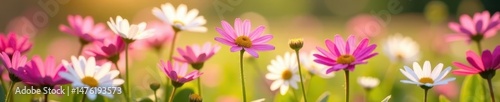 Close-up, vibrant pink & white daisies filling sunny meadow , sun, nature