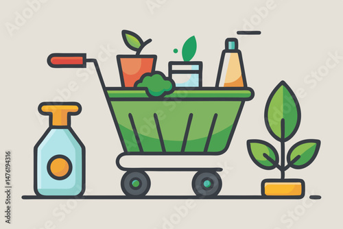 shopping cart with plant care tools