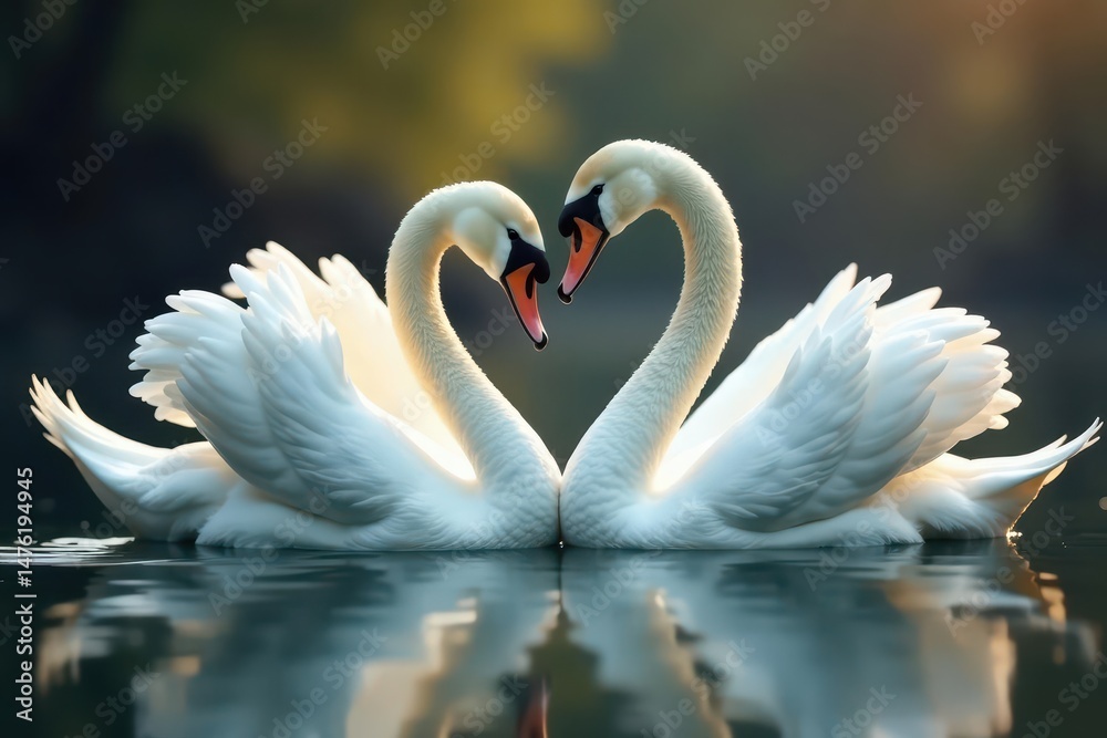 Obraz premium Two graceful swans intertwined, soft bokeh background, nature photography, calm, sunlight