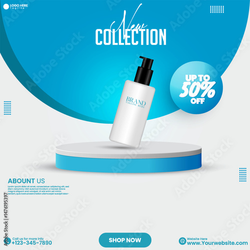 Product showcase design template. Empty studio backdrop background design with cosmetics product. 3D minimalist social media cosmetics product sale promotional poster design vector. Social media ads. 