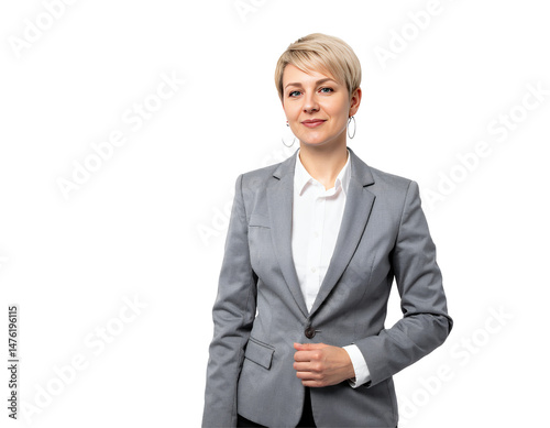 Confident businesswoman in grey suit poised