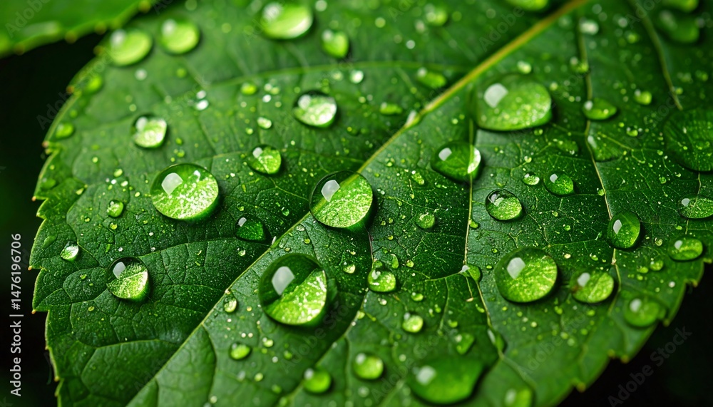 Close up of a green leaf covered in water drops Close up of a green leaf covered in water drops