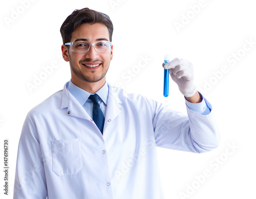 Confident researcher displays blue liquid test tube