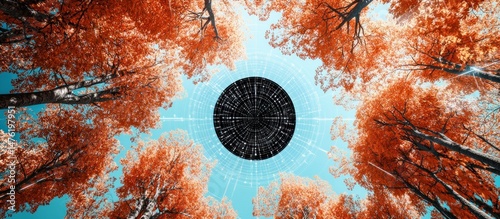 Ethereal autumn canopy with a futuristic data nexus floating above