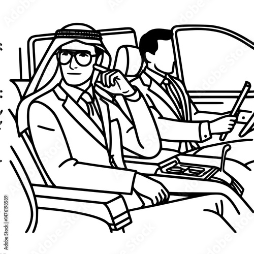 arab businessman talking on phone inside luxury car, vector image with single line outline