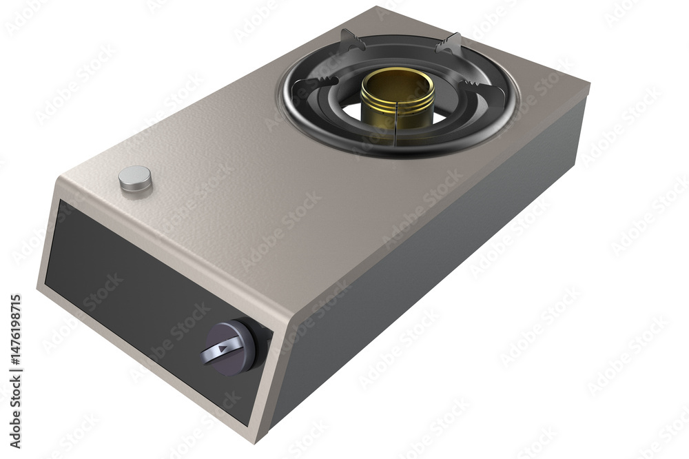 Obraz premium Compact Single-Burner Gas Stove with Stainless Steel Top and Knob Control, KITCHEN BURNER OVEN COOKING, Space-Saving, Portable One-Burner Gas Cooktop for Small Kitchens or Outdoor Use on a PNG